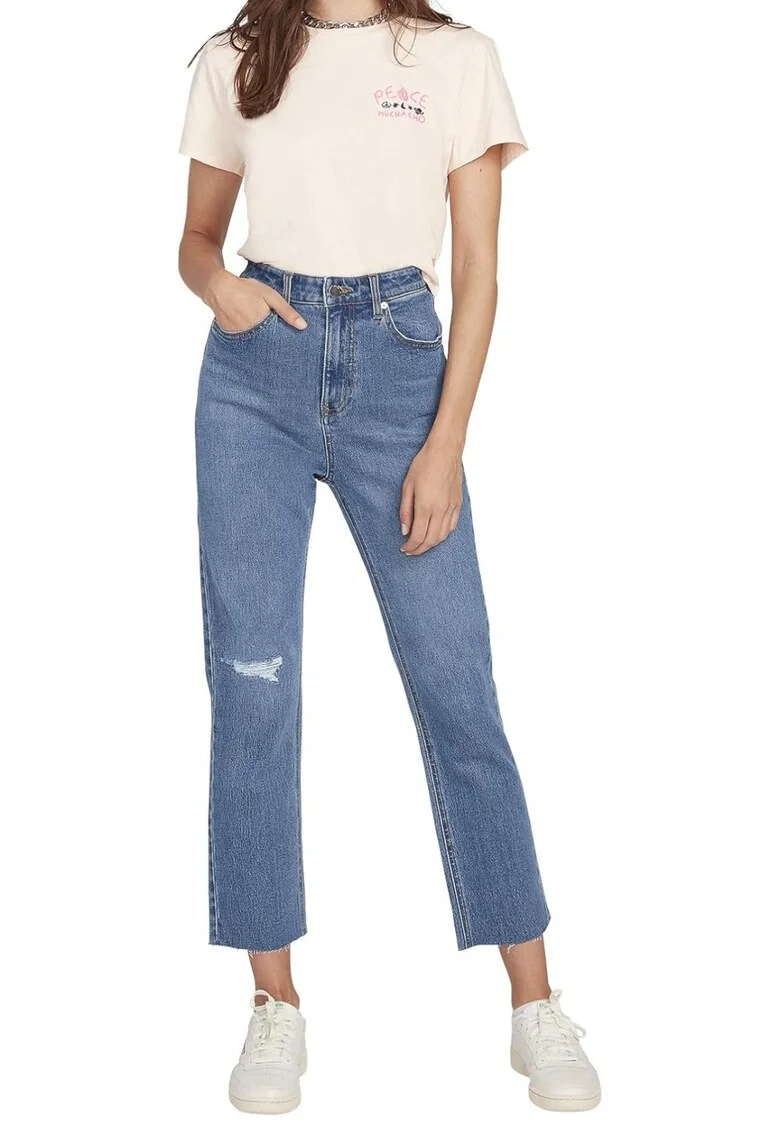 Pantaloni dama  Stoned Straight, talie inalta, finisaj brut, albastru, bumbac/elastan, W25-L27
