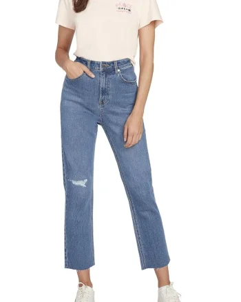 Pantaloni dama  Stoned Straight, talie inalta, finisaj brut, albastru, bumbac/elastan, W25-L27