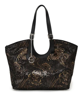 Geanta shopper din piele cu model etnic, Negru/Maro camel