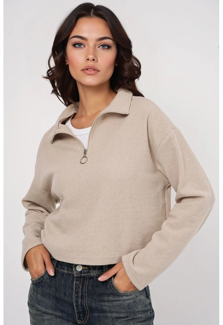 Pulover dama, HiCCUP, Relaxed Fit Crop, guler cu fermoar, crem, bumbac si poliester