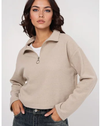 Pulover dama, HiCCUP, Relaxed Fit Crop, guler cu fermoar, crem, bumbac si poliester