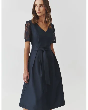 Rochie evazata cu maneci din dantela, Bleumarin