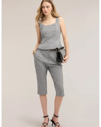Pantaloni capri chino cu model gingham, Alb/Negru