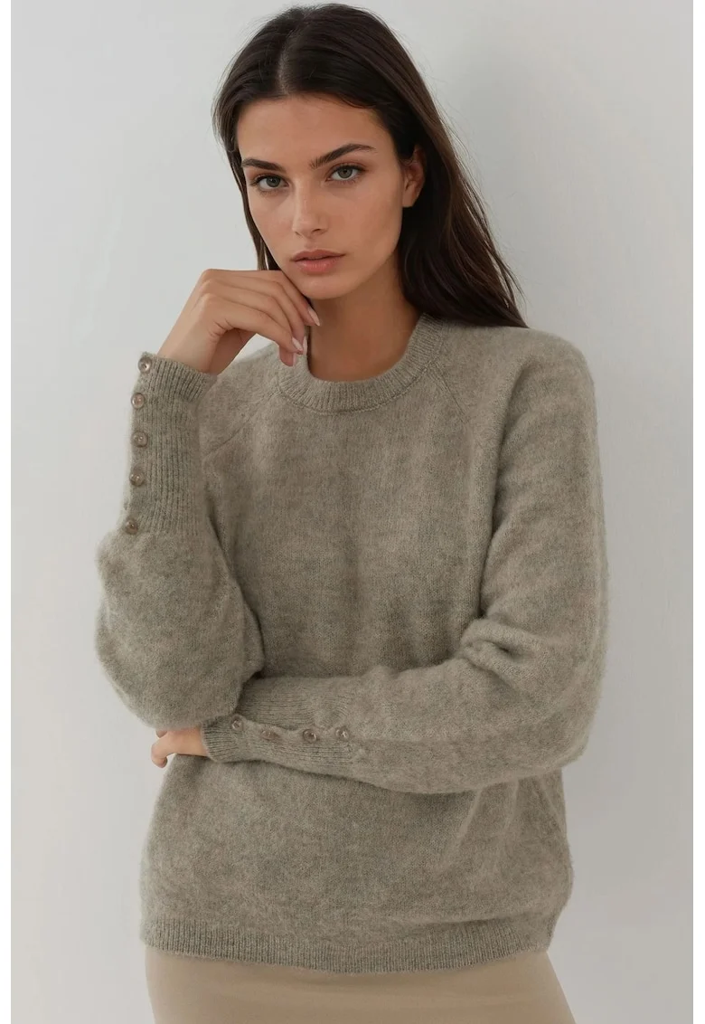 Pulover dama,  cu maneca lunga, detalii nasturi, tricot, Gri deschis,