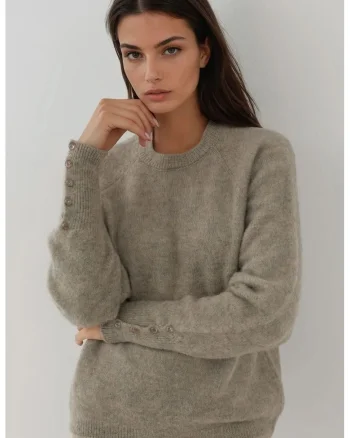 Pulover dama,  cu maneca lunga, detalii nasturi, tricot, Gri deschis,