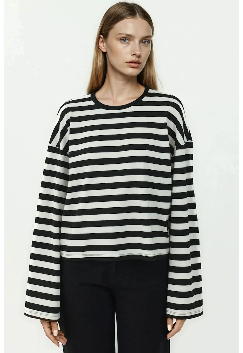 Bluza dama,  cu maneca lunga, dungi, negru, jerseu