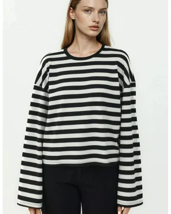 Bluza dama,  cu maneca lunga, dungi, negru, jerseu