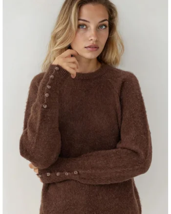 Pulover dama  maneca lunga, textura moale, tricot, Castaniu-maro,