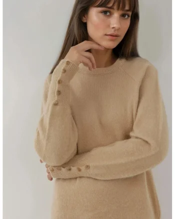 Pulover dama,  cu maneca lunga, textura moale, tricot, Bej Natural,