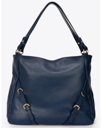 Geanta de piele cu bareta de umar si barete decorative, Albastru indigo