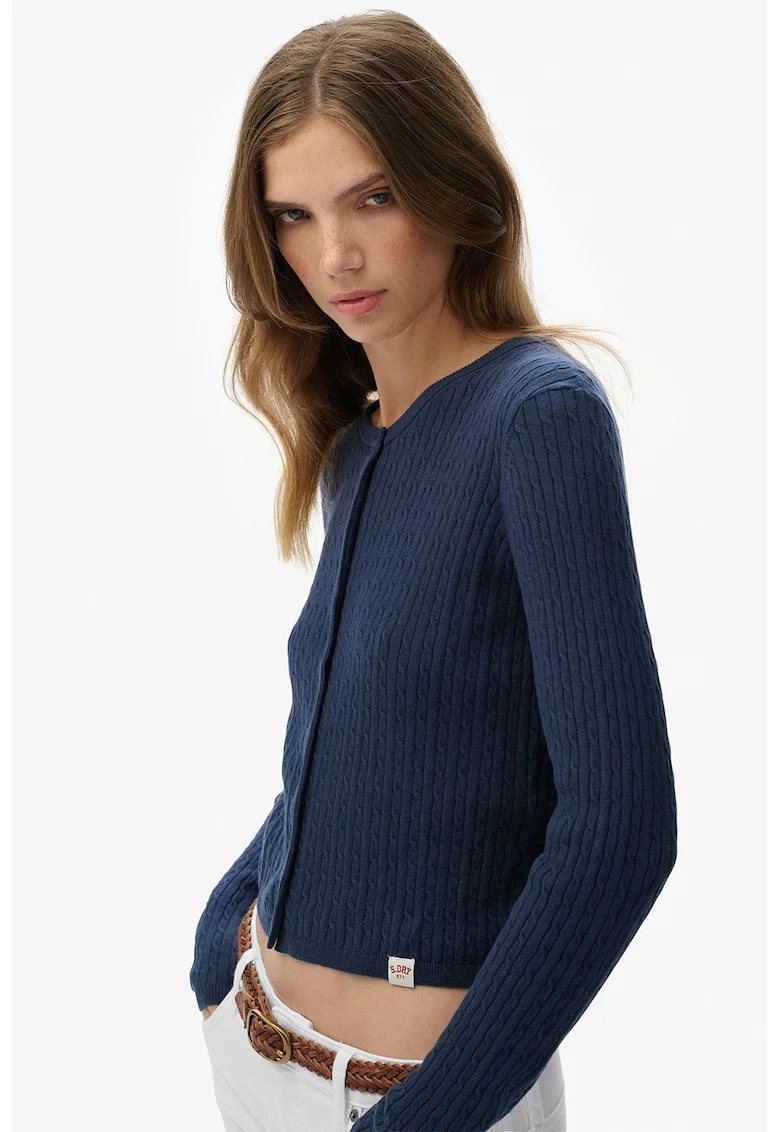 Cardigan din bumbac organic cu model torsade, Bleumarin