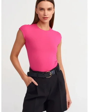 Tricouri dama,  Tricou slim fit, roz aprins, elastic, 90% nailon