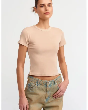 Tricou dama,  slim fit, bej natural, bumbac, Bej Natural
