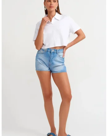 Pantaloni scurti,  Mom, talie inalta, denim albastru deschis-mediu, 100% bumbac