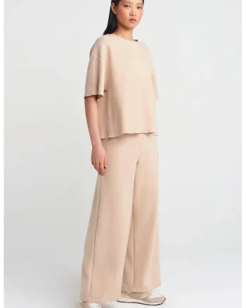 Pantaloni dama,  talie inalta, picior larg, bej natural, tricot mediu
