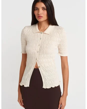 Cardigan Femei,  mulat, cu maneca scurta, Crem Natural, amestec de bumbac cu poliester,