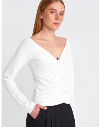 Pulover dama,  slim fit, decolteu in V, alb, viscoza si poliamida,