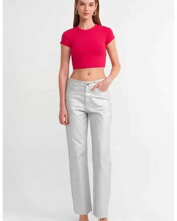 Tricou dama,  Tricou Crop Slim-Fit, roz aprins, elastic, 95% bumbac