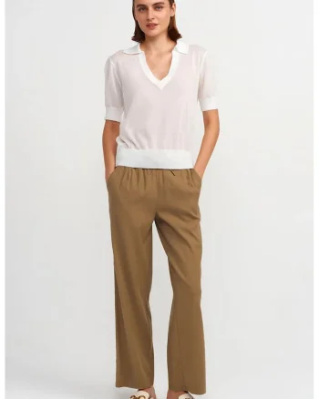 Pantaloni dama,  picior larg, snur in talie, verde kaki, Tencel