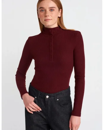 Bluza dama,  mulata cu guler pe gat, rosu burgundy, maneca lunga, poliester-viscoza-elastan