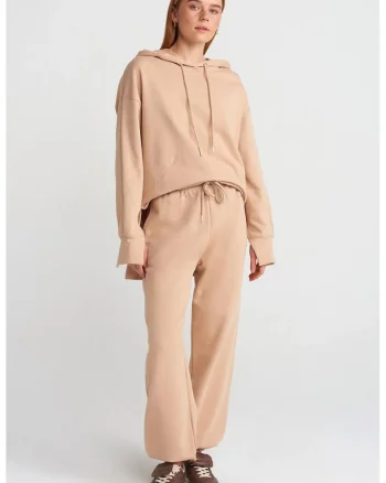 Pantaloni dama,  jogging, picior larg, bej natural, fleece