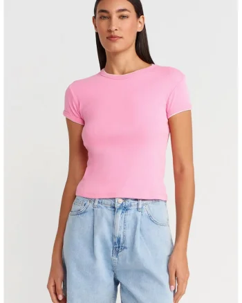 Tricou crop,  slim fit, roz aprins, bumbac