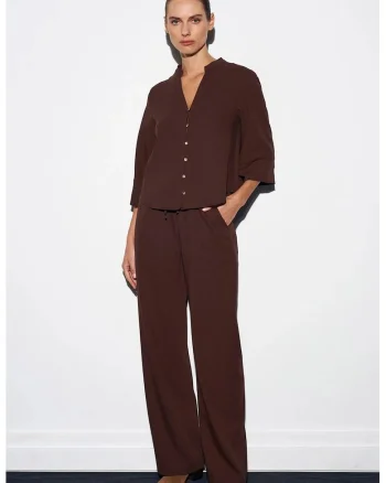 Pantaloni dama,  picior larg, elastic, poliester, Maro