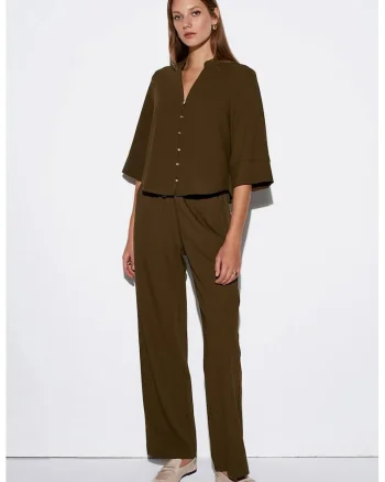 Pantaloni dama,  picior larg, elastic, poliester, Verde masliniu
