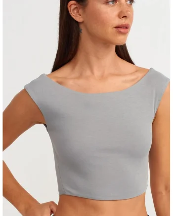 Tricou dama,  tricou fara maneci crop, gri deschis, bumbac