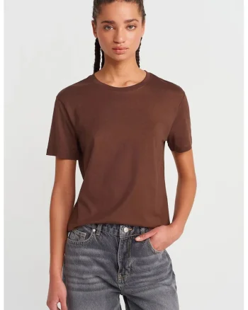 Tricou dama,  tricou din bumbac modal, maneca scurta, maro castaniu, regular fit