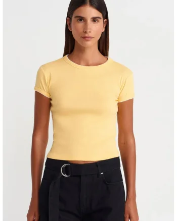 Tricou crop,  slim fit, galben lamaie, bumbac