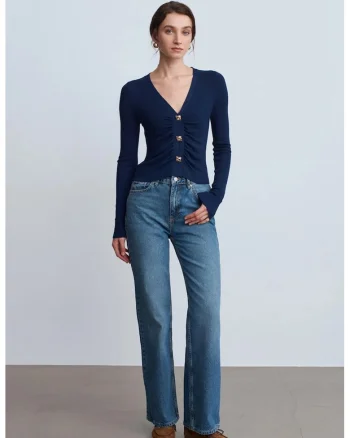 Blugi dama,  talie inalta, croiala larga denim albastru mediu, 100% bumbac