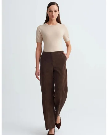 Pantaloni dama,  cu talie inalta, croiala larga, maro cafea, imitatie de piele intoarsa
