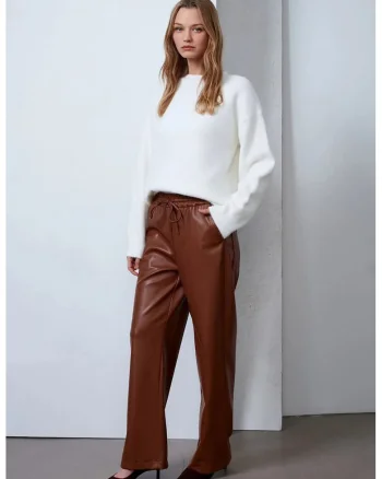 Pantaloni dama,  picior larg, elastic, maro nuc, imitatie de piele