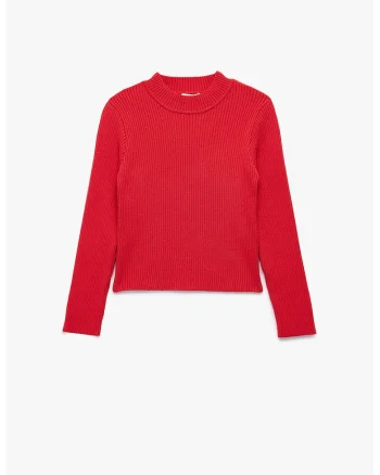 Pulover striat cu decolteu la baza gatului, Rosu vermillion