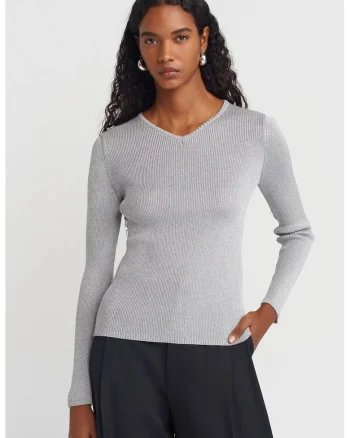 Pulover dama,  slim fit, gri argintiu, tricot din poliester si viscoza,