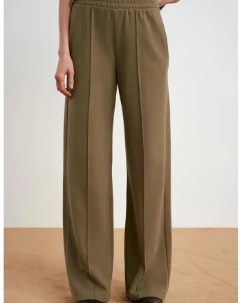 Pantaloni dama  picior larg, elastic, verde kaki, 50% poliester, 50% bumbac