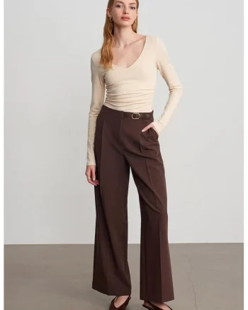 Pantaloni dama,  cu talie cu cordon, croiala larga, maro cafea, tesatura creponata