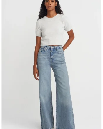 Blugi dama,  talie inalta, croiala larga, denim albastru deschis-mediu, 100% bumbac