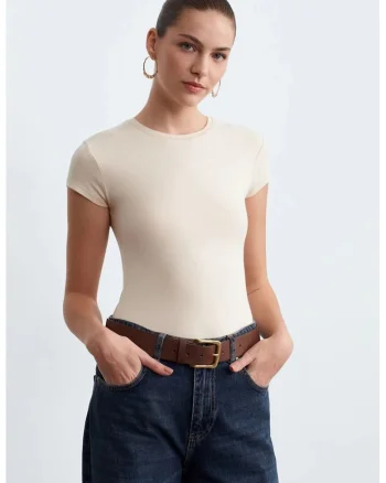 Tricou dama,  Tricou Slim Fit, crem natural, maneca scurta
