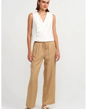 Pantaloni dama,  picior larg, talie elastica cu snur, Maro Camel, Tencel