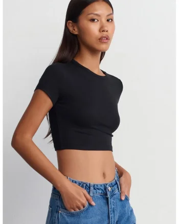Tricou dama,  crop, slim fit, negru, elastic, 96% viscoza, 4% elastan