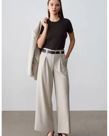 Pantaloni dama,  plisati, casual, piatra naturala, poliester-viscoza-elastan