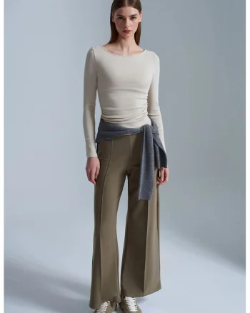 Pantaloni dama,  picior larg, elastic, verde kaki, bumbac si poliester