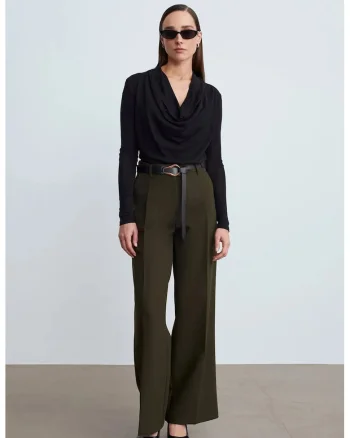 Pantaloni dama,  cu talie inalta, cu cordon, verde masliniu, tesatura creponata