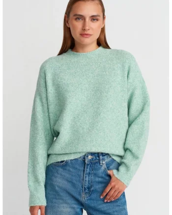 Pulover dama,  regular-fit, verde menta, tricotat, maneci lungi, fara inchidere,