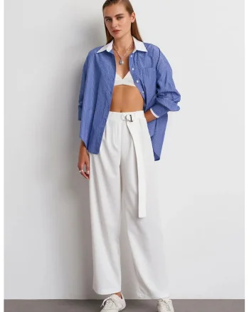 Pantaloni dama,  talie inalta, picior larg, alb, poliester