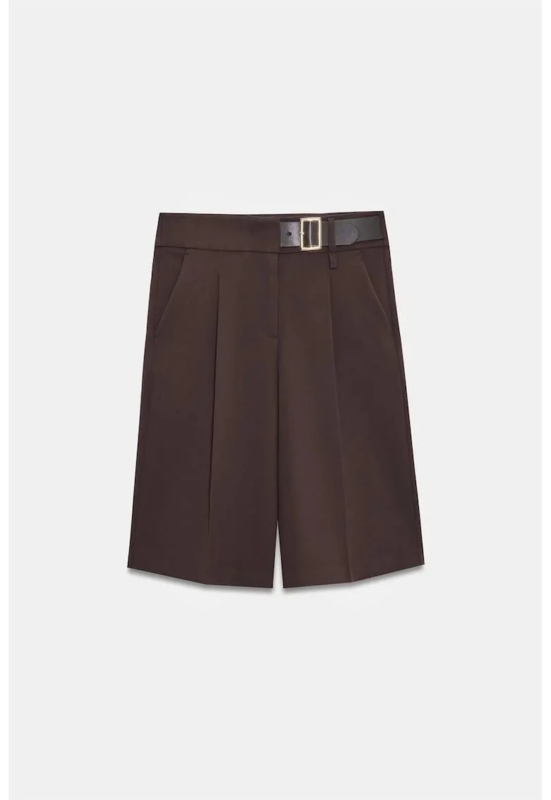Pantaloni scurti,  talie inalta, picior larg, cu curea, maro cafea, poliester-viscoza-elastan