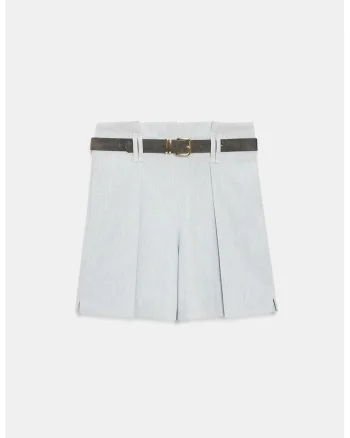 Pantaloni scurti,  talie inalta, cu curea, gri deschis, poliester-viscoza-elastan,