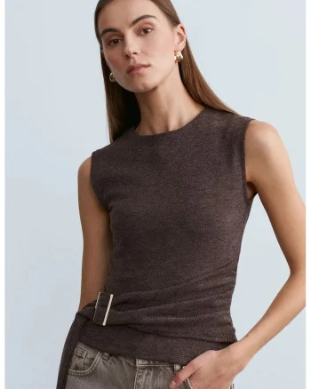 Bluza dama,  fara maneci, cu cordon, maro cafea, poliester-bumbac-elastan